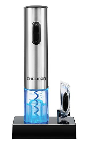 Chefman Electric Wine Opener with Foil Cutter, Automatic Corkscrew and Foil Remover, Stainless Steel, One Touch Wine Bottle Opener, Rechargeable 100-240V (Renewed)