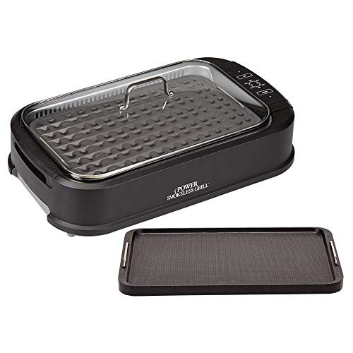 Power XL Smokeless Electric Indoor Removable Grill and Griddle Plates, Nonstick Cooking Surfaces, Glass Lid, 1200 Watt, 21X 15.4X 8.1, black