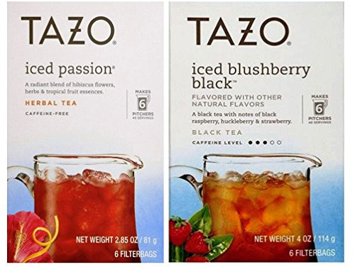 Tazo Iced Tea Pitcher Bag Flavored Teas 2 Flavor Variety Bundle; (1) Tazo Iced Passion Caffeine-Free Herbal, and (1) Tazo Iced Blushberry Black, 2.85-4.0 Oz. Ea.