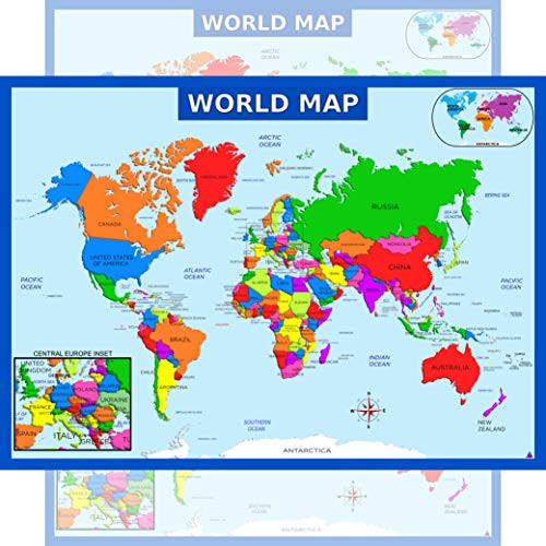 World Map Poster with Central Europe Inset - Laminated Educational Poster (14x19.5 in) - World Map for Kids, Elementary Classroom Decorations, Homeschool, and Teacher Supplies