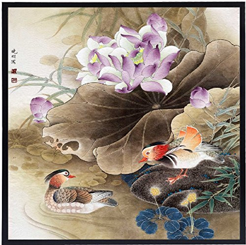 INK WASH Chinese Flower Landscape Painitng of Feng Shui Mandarin Ducks Painting for True Love Activate Relationship Art Wall Artwork for Office Bedroom Living Room Ready to Hang 13"x13"