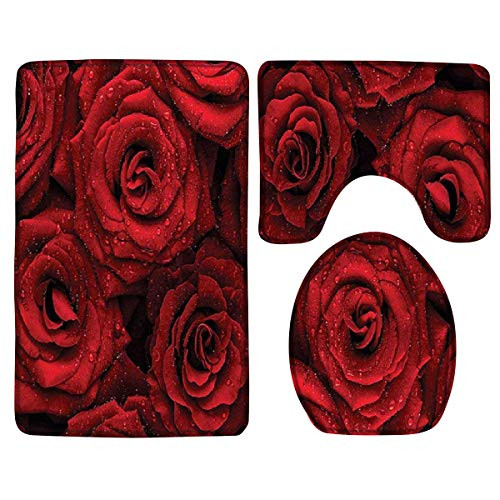 Decor Bath Rug Set, Red Rose Flower Non-Slip Toilet Seat Bathroom Floor Mat Pedestal Rug + Lid Toilet Cover + Bath Mat 3 Piece Decor Bath Rug Set, Red Rose Flower Non-Slip Toilet Seat Bathroom Floor Mat Pedestal Rug + Lid Toilet Cover + Bath Mat 3 Piece