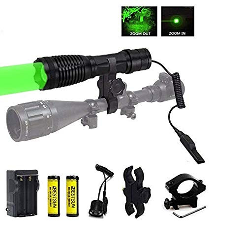 350 Yard Green Hunting Light Zoomable Green LED Flashlight Predator Lights with Pressure Switch Rail Mount & Scope Mount for Coyote Hog Varmint Coon Night Hunting (Rechargeable Batteries Included)