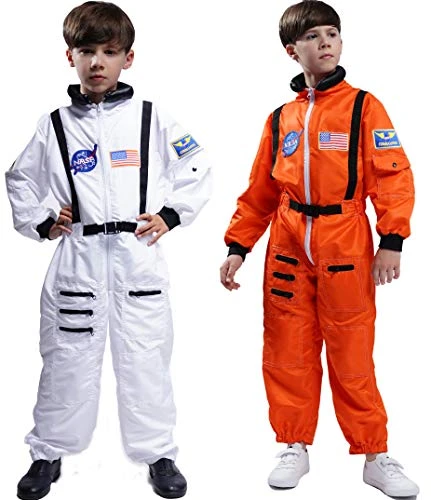 Maxim Party Supplies Kids Astronaut Costume Space Suit Onesie with Embroidered Patches and Pockets for Children, Boys, Toddlers (12/14, Orange)