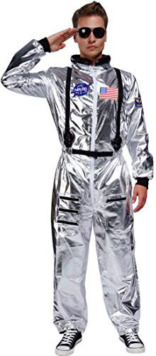 Maxim Party Supplies Adult Astronaut Costume Jumpsuit Silver Space Suit for Men with Embroidered Patches and Pockets (Large)