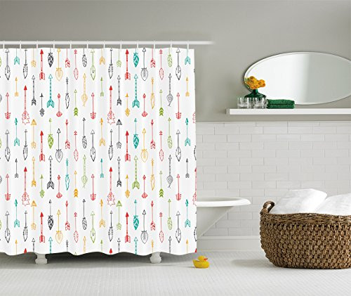 Ambesonne Arrow Decor Collection, Color Pen Doodle Style Fun Art with Arrows Picture, Polyester Fabric Bathroom Shower Curtain Set with Hooks, Coral Yellow Green