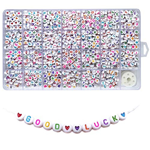 Amaney 1400 Pieces 4×7mm White Round Acrylic Alphabet Letter Beads A-Z Heart Pattern Beads and Crystal Line for Jewelry Making Bracelets Necklaces Key Chains Amaney 1400 Pieces 4×7mm White Round Acrylic Alphabet Letter Beads A-Z Heart Pattern Beads and Crystal Line for Jewelry Making Bracelets Necklaces Key Chains