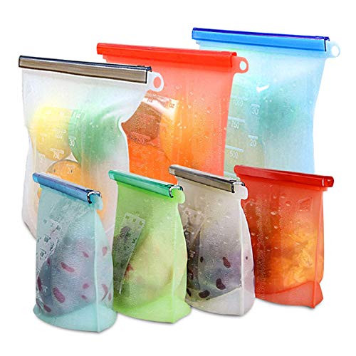 Reusable Silicone Food Storage Bags, 7 Pack Airtight Seal Food Preservation Bags, Food Grade Versatile Ziplock Bag Container for Sandwich, Vegetable, Snack, Liquid, Meat, 3xLarge 50oz, 4xMedium 30oz
