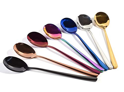 Long Handle Spoon, Ice Tea Spoon, Stirring Spoon, Coffee Scoops, Stirring Spoon, Stainless Steel Creative Spoon for Tea?Cake?Sugar?Dessert Ice Cream Spoon Kitchen Seasoning Or Spice Spoon, Set of 7