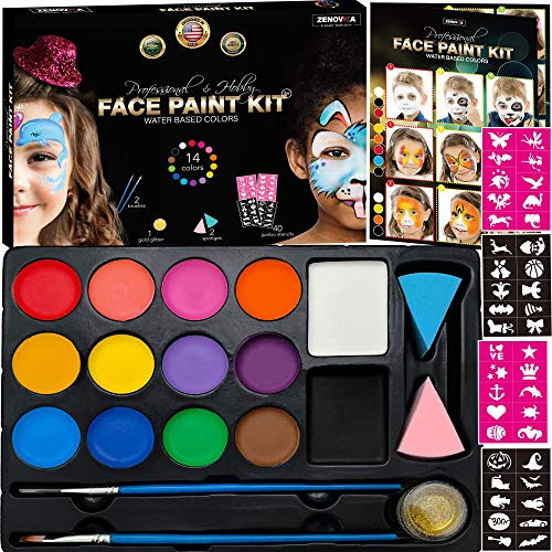 Face Paint Kit for Kids, Large Water Based Paints, Halloween Makeup Kit, Professional Face Paint Palette, Face Paints Safe for Sensitive Skin (14 Color + Face Paint Book) Face Paint Kit for Kids, Large Water Based Paints, Halloween Makeup Kit, Professional Face Paint Palette, Face Paints Safe for Sensitive Skin (14 Color + Face Paint Book)