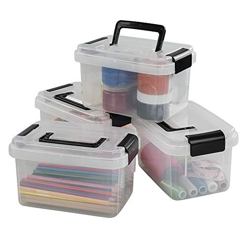 CadineUS Set of 4 Mini Clear Storage Bins with Lids, 2 Liter Plastic Boxes for Storage