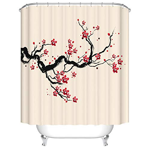 Fangkun Bathroom Shower Curtain Decor Set - Plum Tree Blossom Ink Painting Chinese Paint of Figural Landscape Pattern - Polyester Fabric Bath Curtains - 12 Shower Hooks - 72 x 72 inches