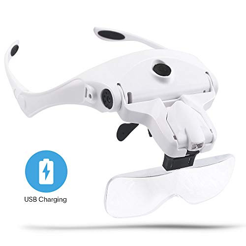 Head Mount Magnifier with Light,USB Charging Magnifying Glasses for Close Work,Hands Free Magnifying Glass for Reading,Jewelers Loupe 5 Lenses 1.0X 1.5X 2.0X 2.5X 3.5X