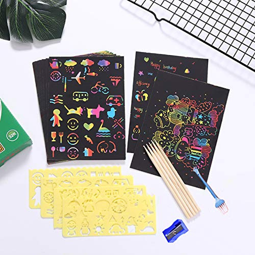 Scratch Paper Art Set 50pcs Rainbow Scratch Arts Crafts Supplies Kits for Kids Girls Boys Black Scratch off Note boards with 5 Wooden Stylus and 4 Drawing Stencils for DIY Kids Birthday Party Game