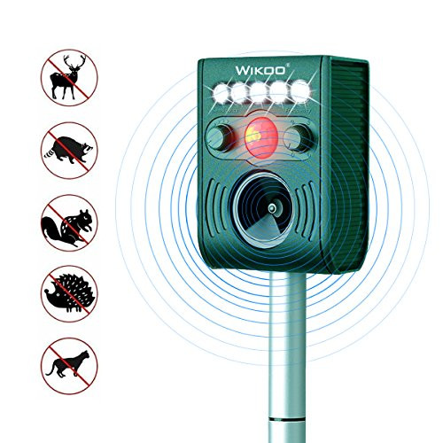 Wikoo Solar Powered Ultrasonic Animal and Pests Repeller,Outdoor Weatherproof Repeller,Motion Activated with Flashing LED Light and Ultrasonic Sound to Repel Animal Away