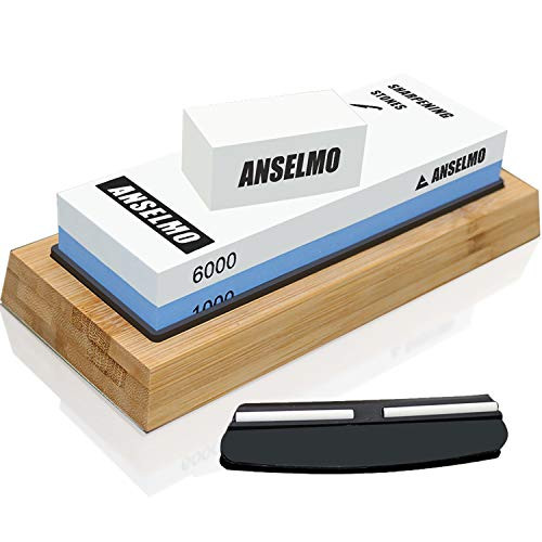 ANSELMO Sharpening Stone?Water Stone?Whetstone Knife Sharpening Stone Set?1000/6000 Whetstone?NonSlip Bamboo Base & Angle Guide?Sharpener and polishing tool for kitchen, hunting knife?pocket knife