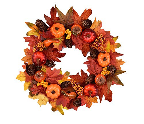 LSKYTOP Autumn Harvest Maple Leaf Wreath - 14Inch Fall Wreath with Maple Leaf,Pumpkin, Pine Cone,Berries for Front Door Thanksgiving Decor LSKYTOP Autumn Harvest Maple Leaf Wreath - 14Inch Fall Wreath with Maple Leaf,Pumpkin, Pine Cone,Berries for Front Door Thanksgiving Decor