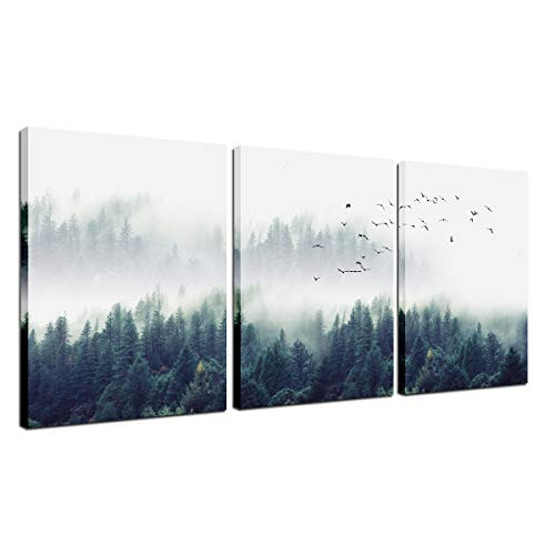 Landscape Painting Canvas Wall Art - Home Office Decor Misty Forest Pine and Flying Birds Natural Poster Trees Picture Framed Modern Print 3 Panel Living Room Decoration Kitchen Bedroom Artwork