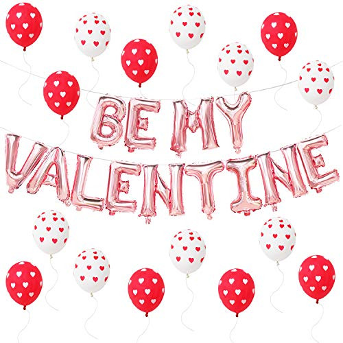 Valentines Balloons Decorations - Rose Gold Be My Valentine Balloon Banner, Red and White Heart Printed Latex Balloons - Party Balloons for Valentines Day