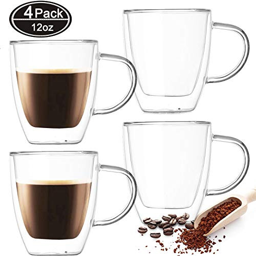 Farielyn-X 4 Pack Insulated Coffee Mugs, Glass Tea Mugs (12 oz, 350 ml), Double Wall Glass Coffee Cups, Latte Cups, Beer Cups, Glass Coffee Mug, Tea Glasses, Latte Mug, Clear Mugs, Glass Cappuccino Cu