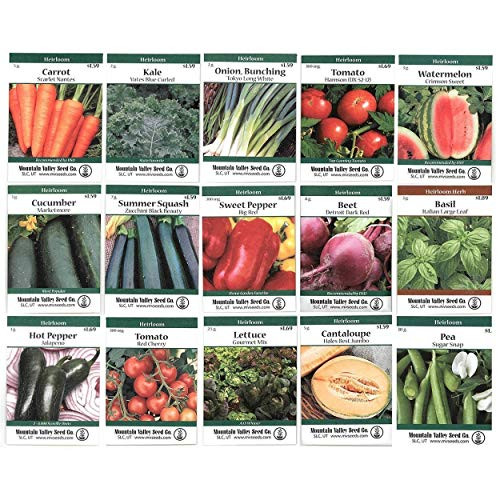 Heirloom Vegetable Garden Seed Collection  Assortment of 15 Non-GMO, Easy Grow, Gardening Seeds: Carrot, Onion, Tomato, Pea, Cucumber, Beets, Basil, More