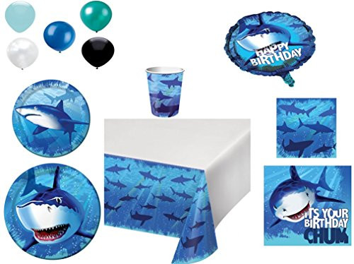 Shark Splash Happy Birthday Party Supplies For 8, 8-Piece Bundle