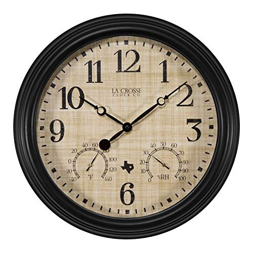 La Crosse 404-3015TX 15 in. Indoor/Outdoor Texas Quartz Wall Clock with Temperature and Humidity, Black