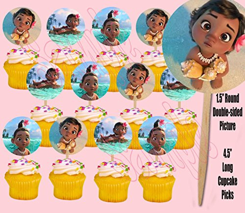 Baby Moana Hawaiian Disney Movie Double-Sided Cupcake Picks Cake Toppers -12 pcs