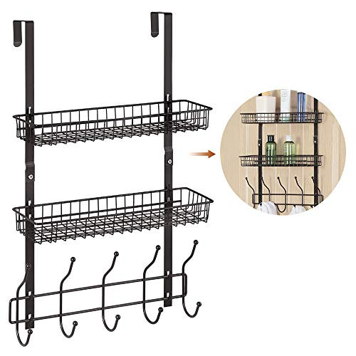 Coat Rack, Over The Door Organizer Wall Mounted Coat Hook Metal Storage Rack with 2 Baskets & 5 Hooks for Office, Cloakroom, Bathroom, Bedroom or Living Room - Brown