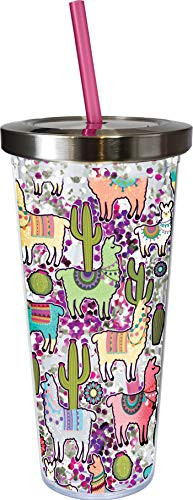 Spoontiques Llama Glitter Cup w/Straw, 20 ounces, Multicolored
