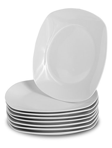 Klikel 8 White Dinner Plates | Porcelain Square Dinnerware | 10 Inch Classic Solid Coupe Style Plate Set