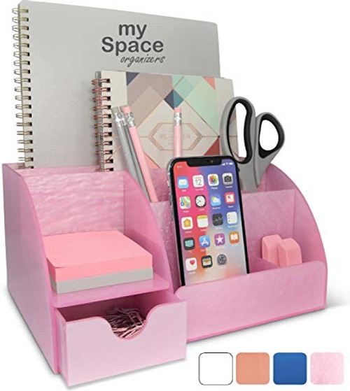 Pink Desk Organizer Office, Acrylic, with Drawer, 9 Compartments, All in One Office Supplies and Cool Desk Accessories Organizer, Pen Holder, Office Decor Desktop (Pink)