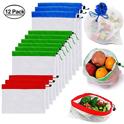 Reusable Mesh Produce Bags 12 Pack Washable Premium See-Through Lightweight Mesh Bags for Fruits, Vegetables, Toys, Grocery and Supermarket shopping storage (12)