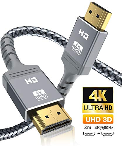 4K HDMI Cable 10 Ft, High Speed Braided 18Gbps HDMI 2.0 Cable, Supports Ethernet 3D and Audio Return, UHD, HDR, 1080p, 2160p?60Hz for Fire TV, HDTV, Xbox,PS5, PS3, PS4, PC, Projector(Gray)