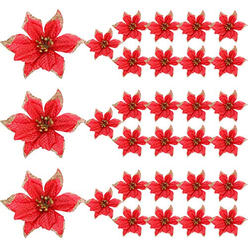 WILLBOND 30 Pieces Glitter Christmas Tree Ornaments Artificial Wedding Christmas Poinsettia Flowers for Christmas Flowers Tree Wreaths Decor Ornament (Red)
