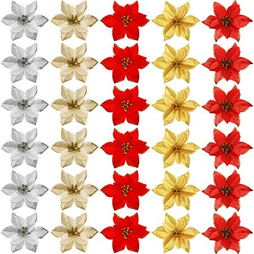 WILLBOND 30 Pieces Glitter Christmas Tree Ornaments Artificial Wedding Christmas Poinsettia Flowers for Christmas Flowers Tree Wreaths Decor Ornament (Color Set 1)