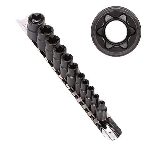 CASOMAN 11 PC Female E-TORX Star Socket Set with Rail, Female External Star Socket Set, E4 - E20 Torque Socket Set (Renewed)