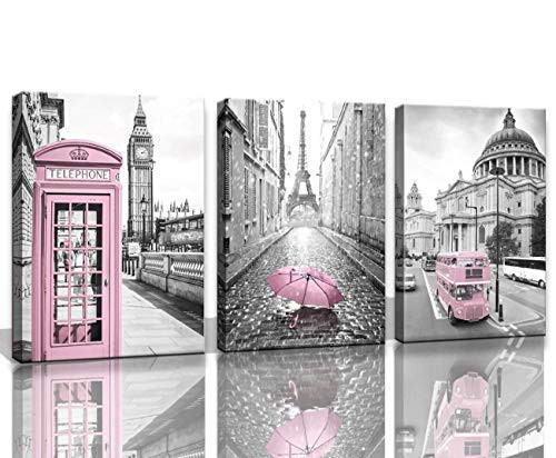 Paris Eiffel Tower Decor for Bedroom for Girls Pink Paris Theme Room Decor Wall Art Canvas Black and White Art Eiffel Tower Pictures Decorations London Big Ben Tower Eiffel Tower Painting Framed (Renewed)