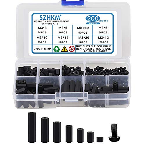 SZHKM M3 Nylon Female-Female Hex Utility Spacer Standoff Screw Nut Assortment Mounting Hardware Kit,Prototyping Accessories Spacer Standoff Varied Length Assortment Box 200 Pieces