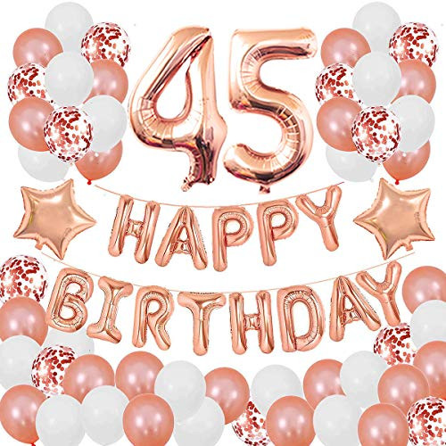Succris 45TH Birthday Decorations for Girls and Women 45th Birthday Decorations 45 Years Old Birthday Party Supplies Happy Birthday Banner Rose Gold Confetti Balloons Rose Gold