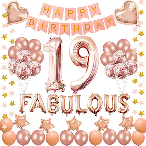 Succris 19TH Birthday Decorations - for 19 Years Old Birthday Party Supplies pink Happy Birthday Banner Rose Gold Confetti balloons Number 19 Star balloons and fabulous rose Succris 19TH Birthday Decorations - for 19 Years Old Birthday Party Supplies pink Happy Birthday Banner Rose Gold Confetti balloons Number 19 Star balloons and fabulous rose
