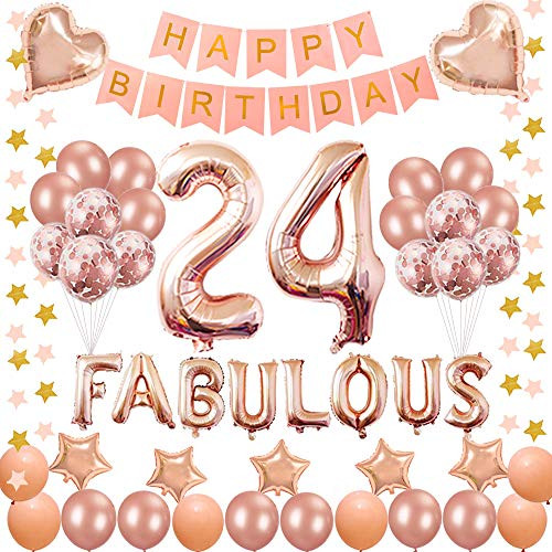 Succris 24TH Birthday Decorations - for 24 Years Old Birthday Party Supplies pink Happy Birthday Banner Rose Gold Confetti balloons Number 24 Star balloons and fabulous rose