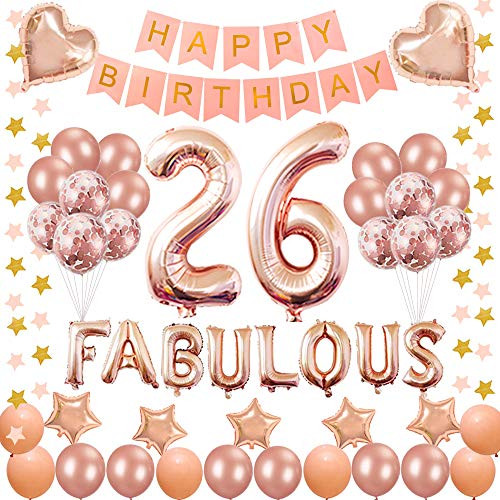 Succris 26TH Birthday Decorations - for 26 Years Old Birthday Party Supplies pink Happy Birthday Banner Rose Gold Confetti balloons Number 26 Star balloons and fabulous rose Succris 26TH Birthday Decorations - for 26 Years Old Birthday Party Supplies pink Happy Birthday Banner Rose Gold Confetti balloons Number 26 Star balloons and fabulous rose