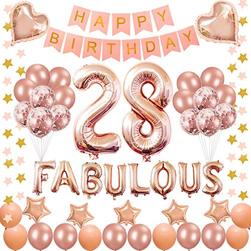 Succris 28TH Birthday Decorations - for 28 Years Old Birthday Party Supplies pink Happy Birthday Banner Rose Gold Confetti balloons Number 28 Star balloons and fabulous rose Succris 28TH Birthday Decorations - for 28 Years Old Birthday Party Supplies pink Happy Birthday Banner Rose Gold Confetti balloons Number 28 Star balloons and fabulous rose