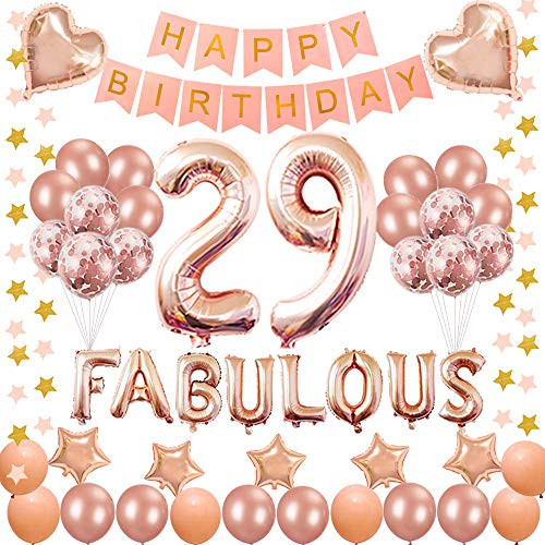 Succris 29TH Birthday Decorations - for 29 Years Old Birthday Party Supplies pink Happy Birthday Banner Rose Gold Confetti balloons Number 29 Star balloons and fabulous rose Succris 29TH Birthday Decorations - for 29 Years Old Birthday Party Supplies pink Happy Birthday Banner Rose Gold Confetti balloons Number 29 Star balloons and fabulous rose