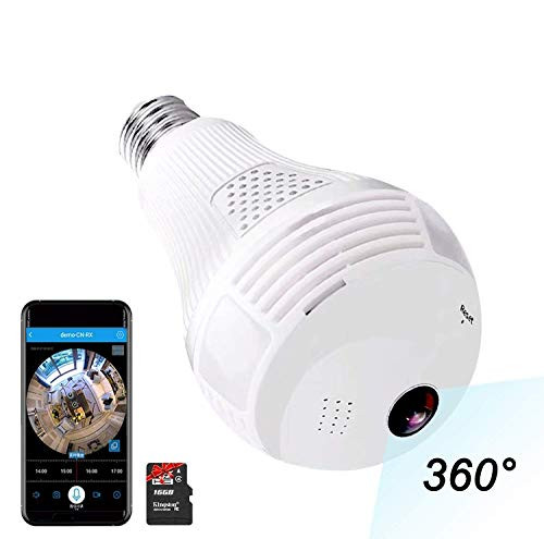 Light Bulb Camera, Include 16GB Card 1080P WiFi Security Camera, 2MP Wireles IP LED Cam,360 Degrees Panoramic VR Home Surveillance Cameras, Motion Detection/Night Vision/Alarm