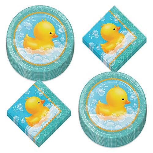 Rubber Duck Party Supplies - Bubble Bath Paper Dinner Plates and Luncheon Napkins (Serves 16)