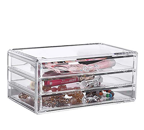 LANSCOERY Acrylic Cosmetic Organizer Jewelry Storage Case Makeup Display Box 3 Drawers with Mat for Bathroom, Dresser, Vanity and Countertop
