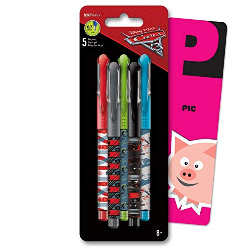 Disney Cars Colored Gel Pens 5 Pack Bundle Includes 5 Disney Cars Lighting McQueen Colorful Colored Pens with Fun Separately Licensed GWW Bookmark