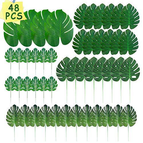 DomeStar Plants Leaves, 48PCS 5 Kinds Tropical Faux Leaves Artificial Jungle Leaves Artificial Palm Leaves Tropical Greenery Monstera Leaves for Hawaiian Luau Party Beach Theme Party